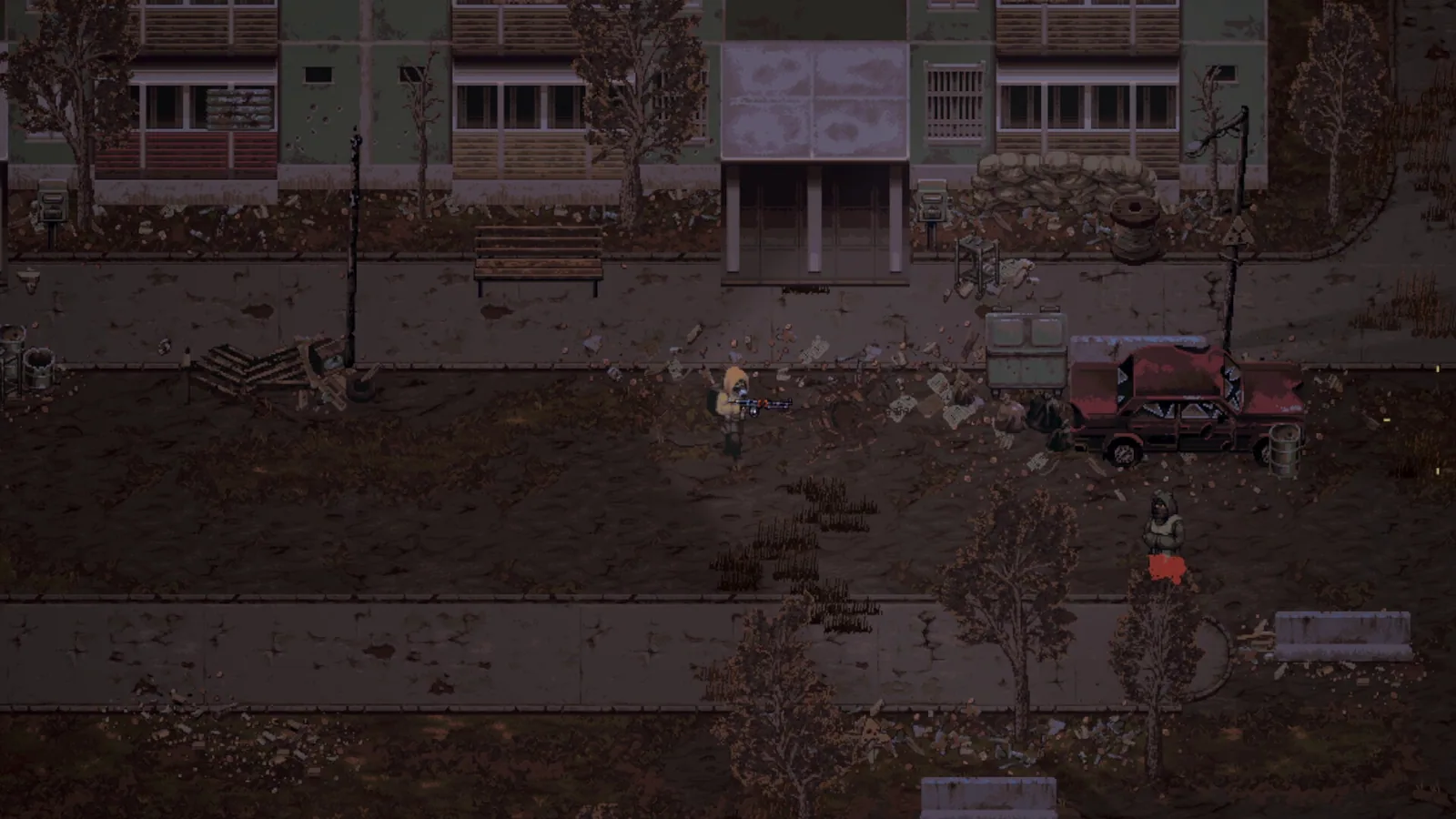 Vulture and hostile survivor facing off outside an abandoned apartment block