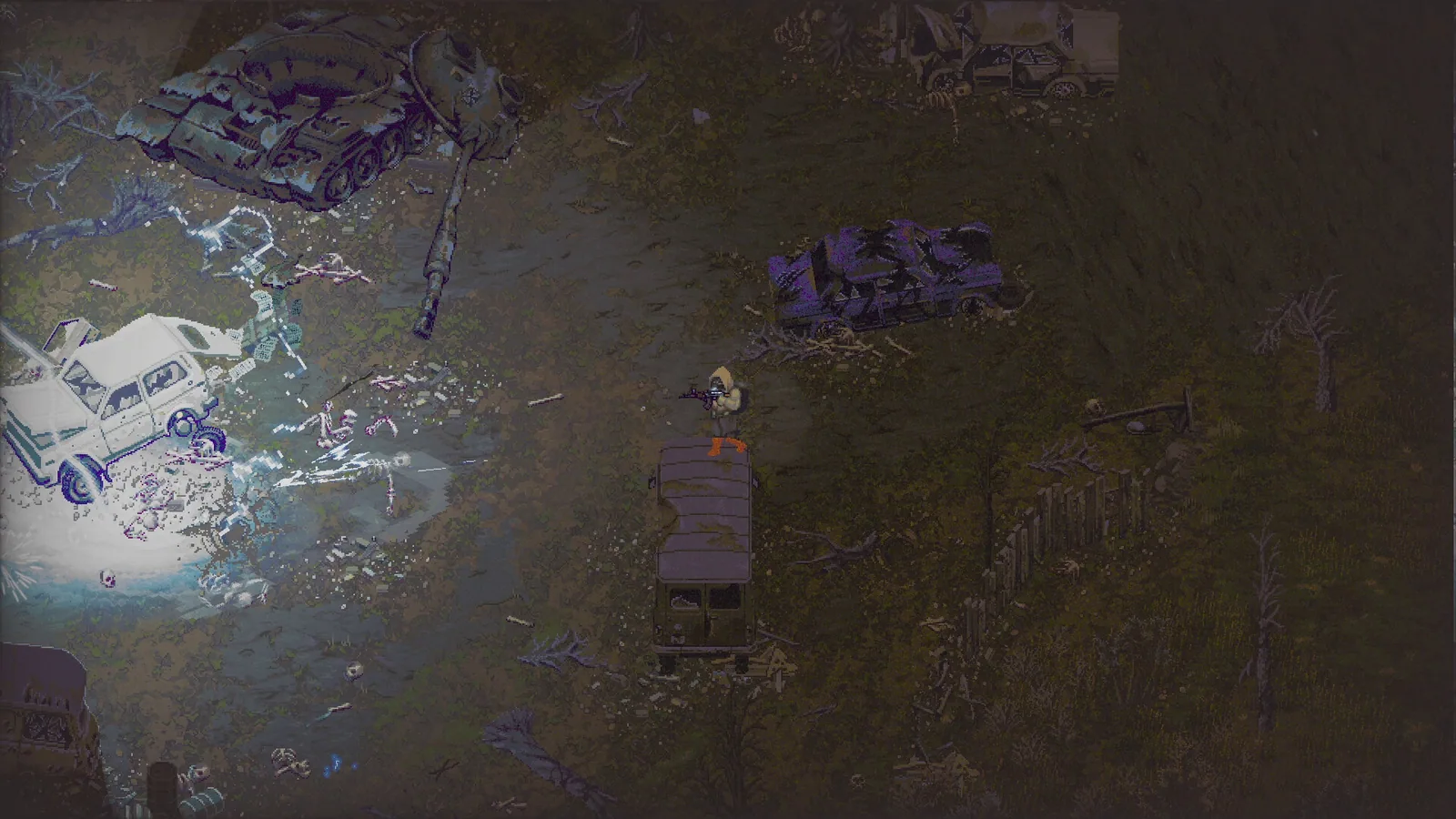 Vulture approaching a bright blue anomaly among abandoned vehicles in Scavland