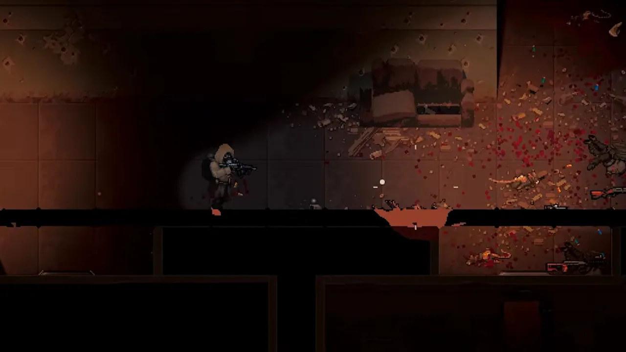 Vulture moving through a blood-stained underground bunker corridor in Scavland
