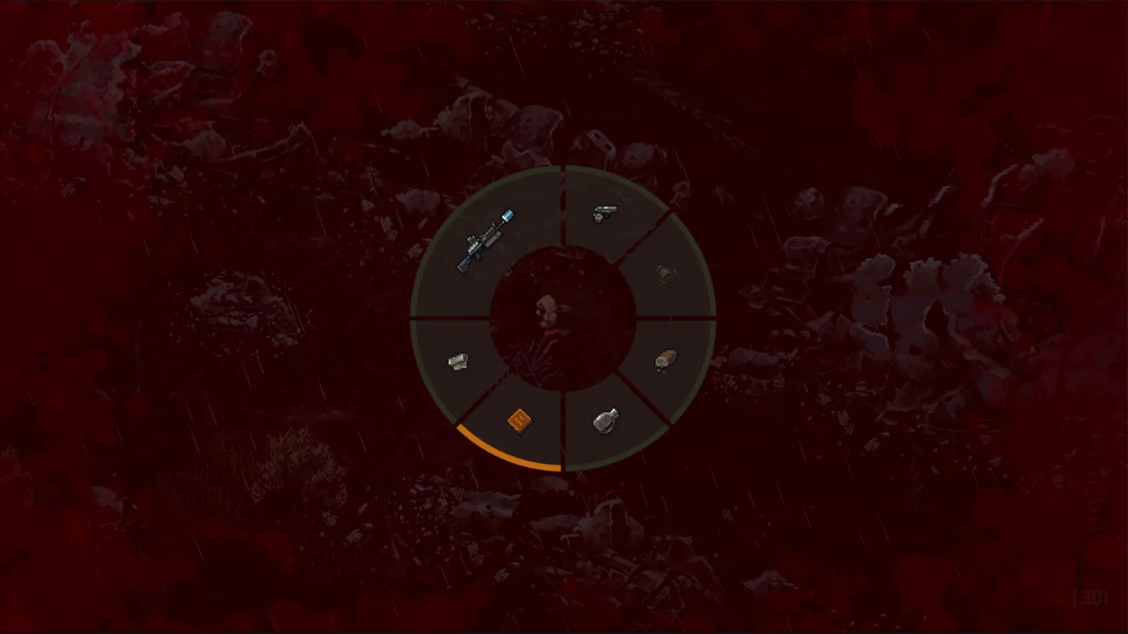 Scavland radial equipment menu showing weapon food and supply selection slots