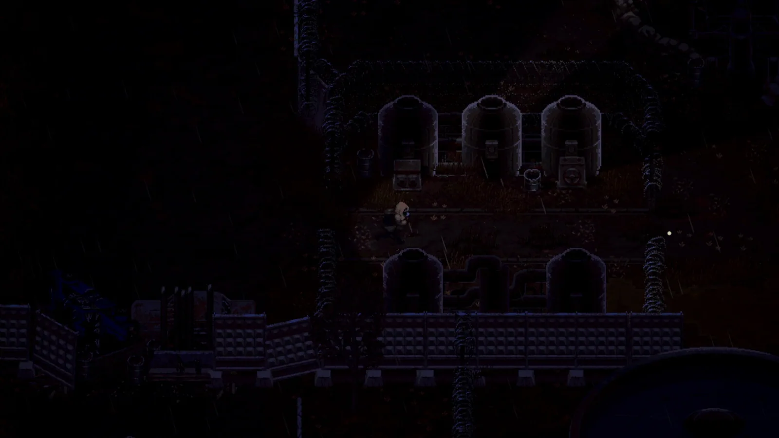 Vulture exploring a dark industrial bunker complex during heavy rain