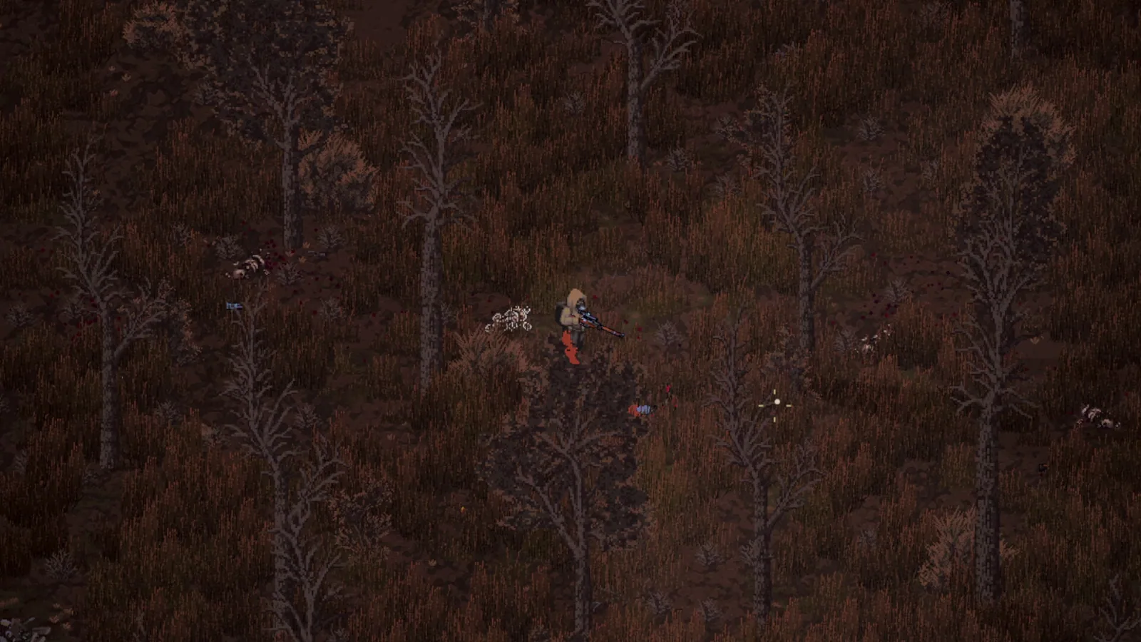 Vulture aiming a rifle while following a narrow path through dead forest
