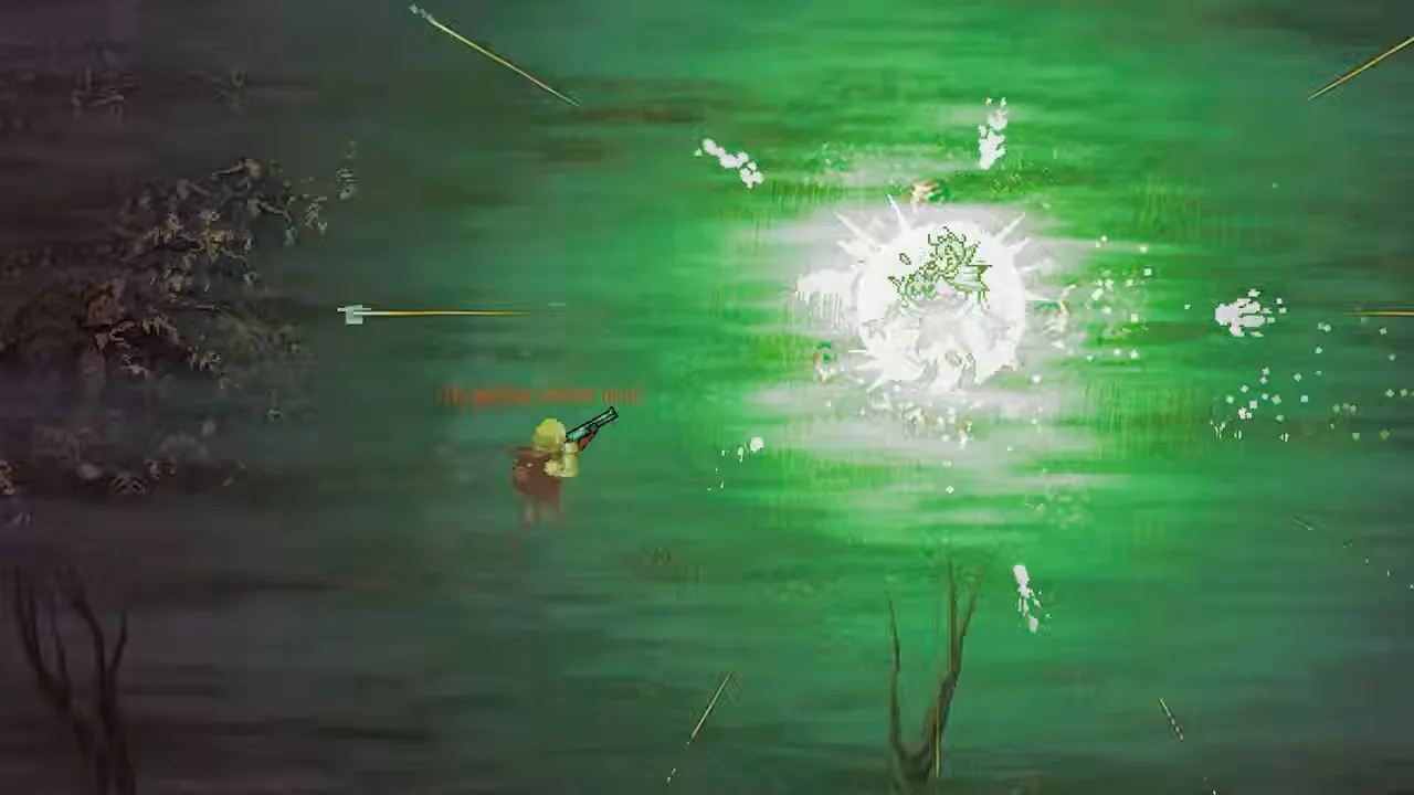 Vulture firing toward a bright green anomaly in the Scavland wetlands