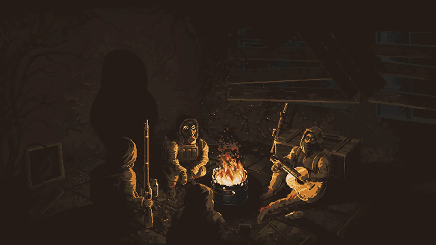 Scavland survivors gathering around a barrel fire inside a ruined shelter