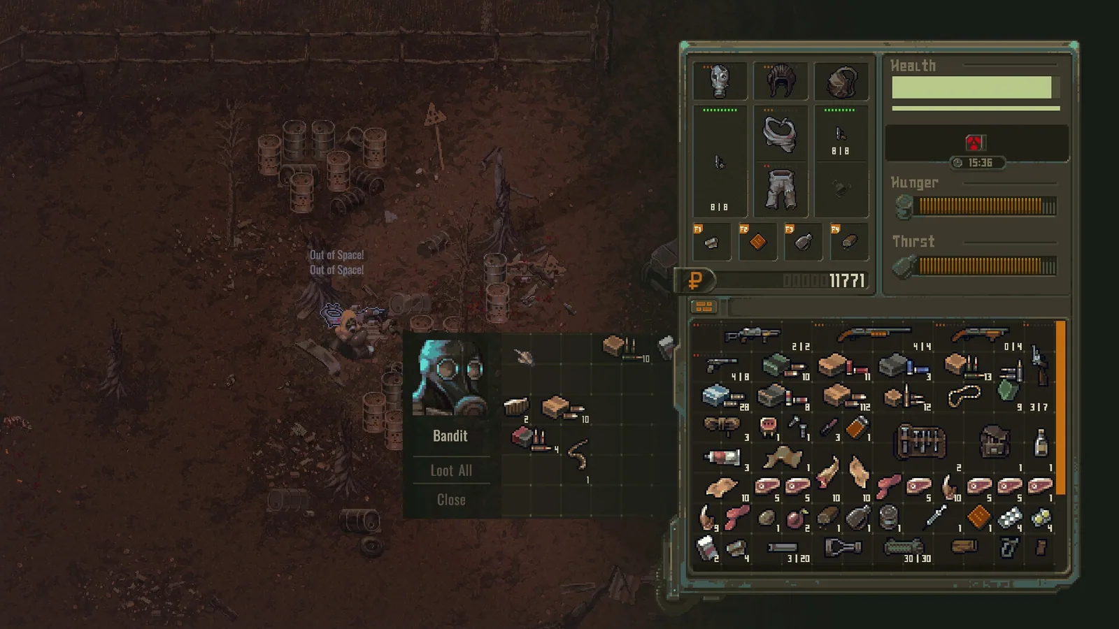 Scavland inventory showing equipment survival bars backpack and bandit loot