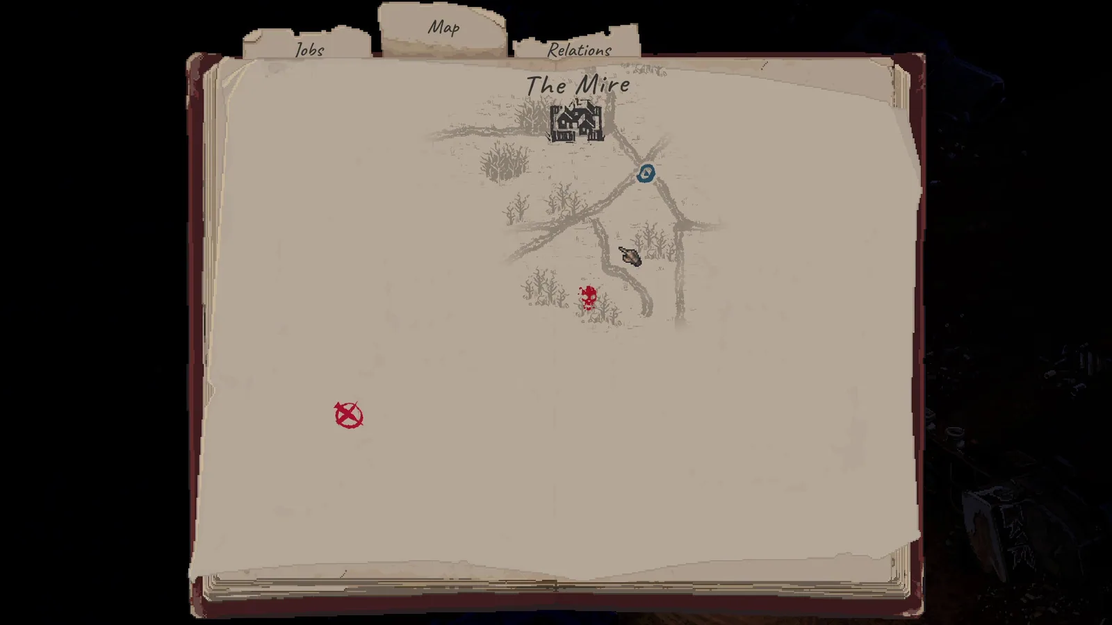 Scavland hand-drawn map of The Mire with roads location marker and danger symbols