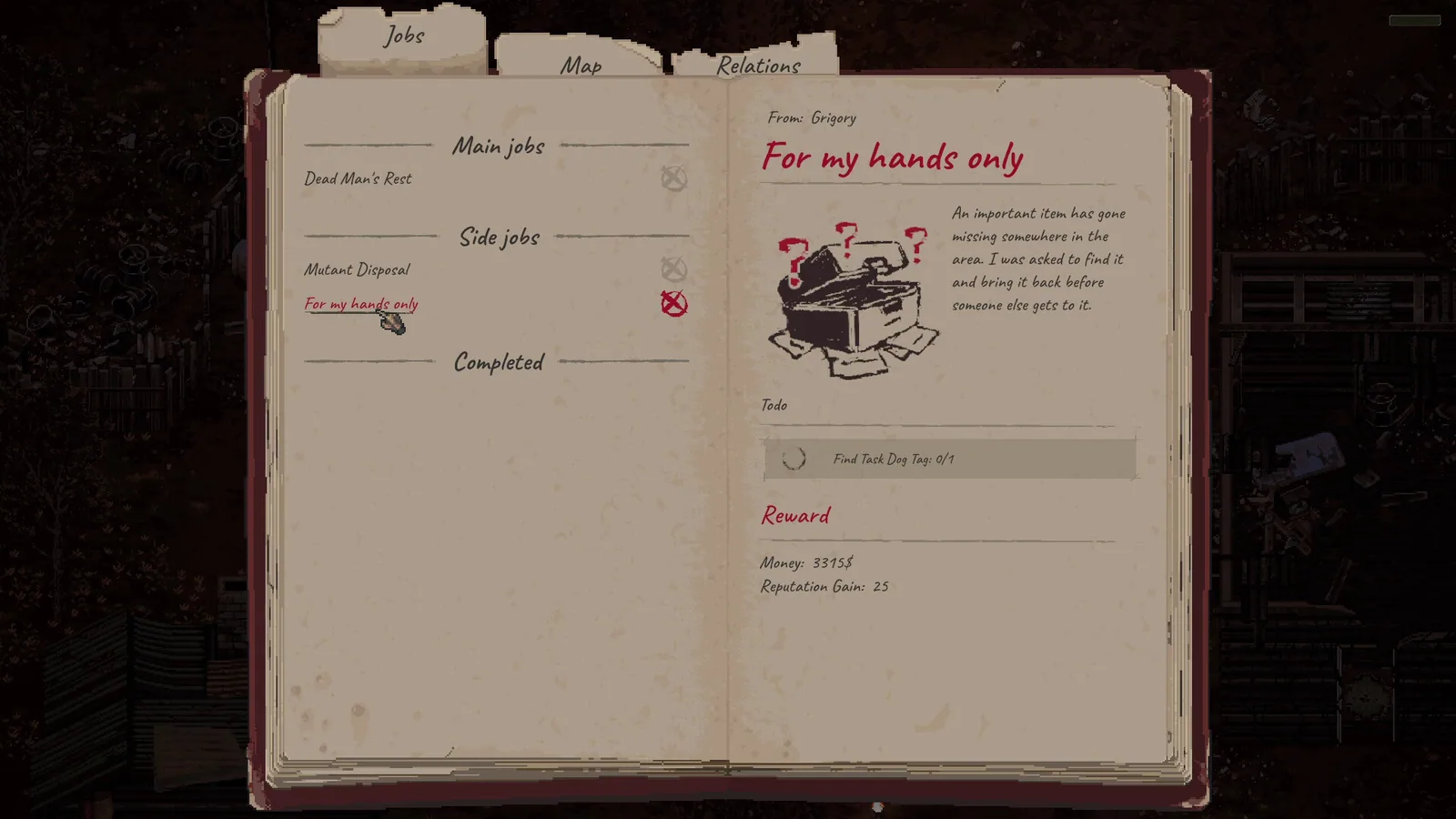 Scavland Jobs journal showing main and side jobs objective money and reputation reward