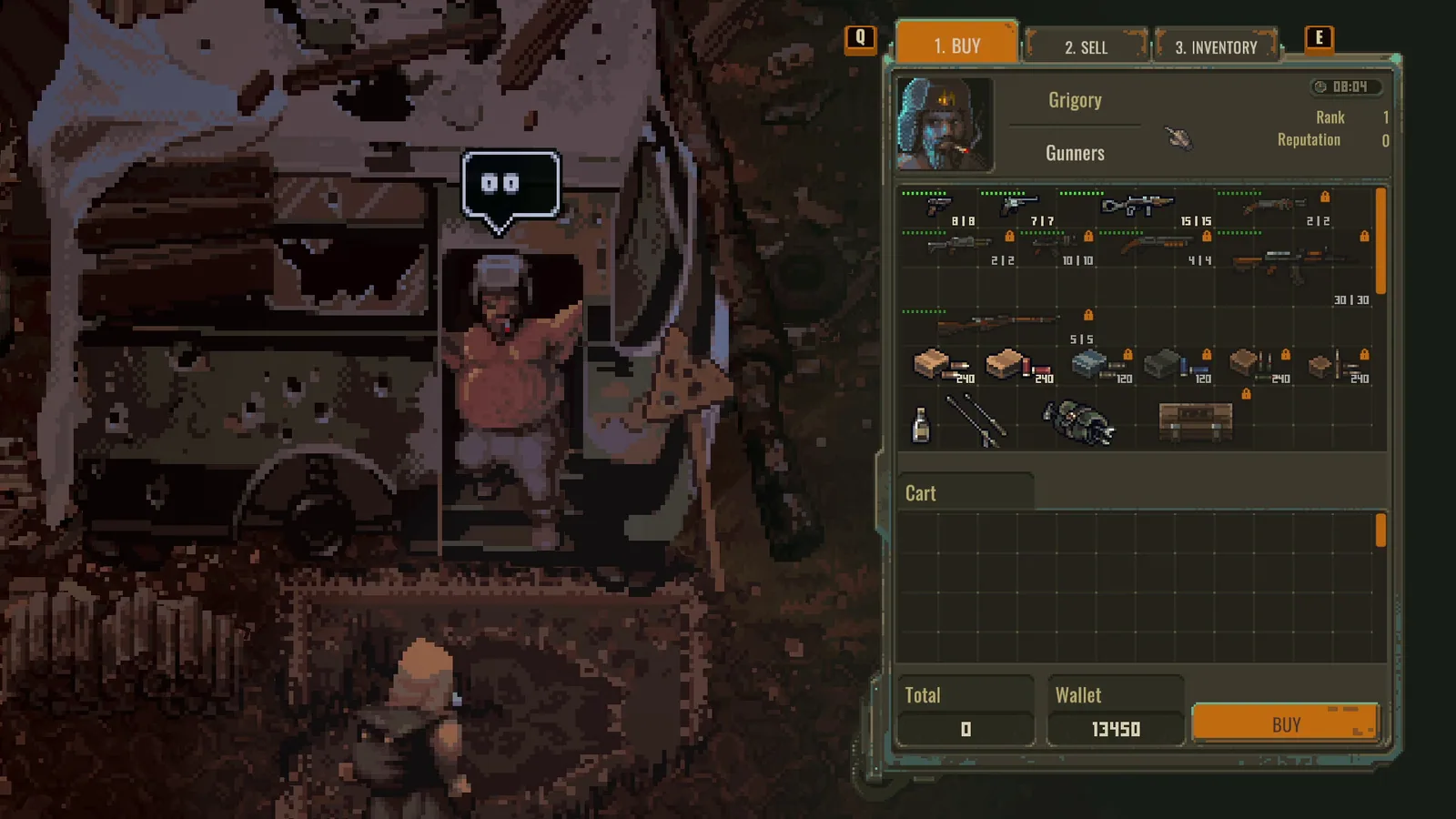 Grigory trader screen showing Buy Sell Inventory Rank Reputation and stock