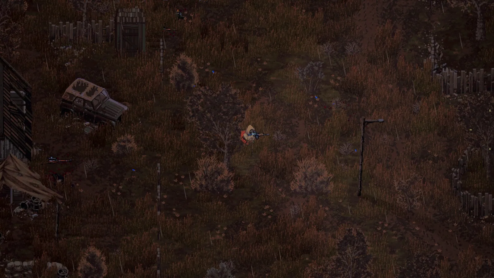Armed Vulture crossing overgrown wasteland near a derelict vehicle in Scavland