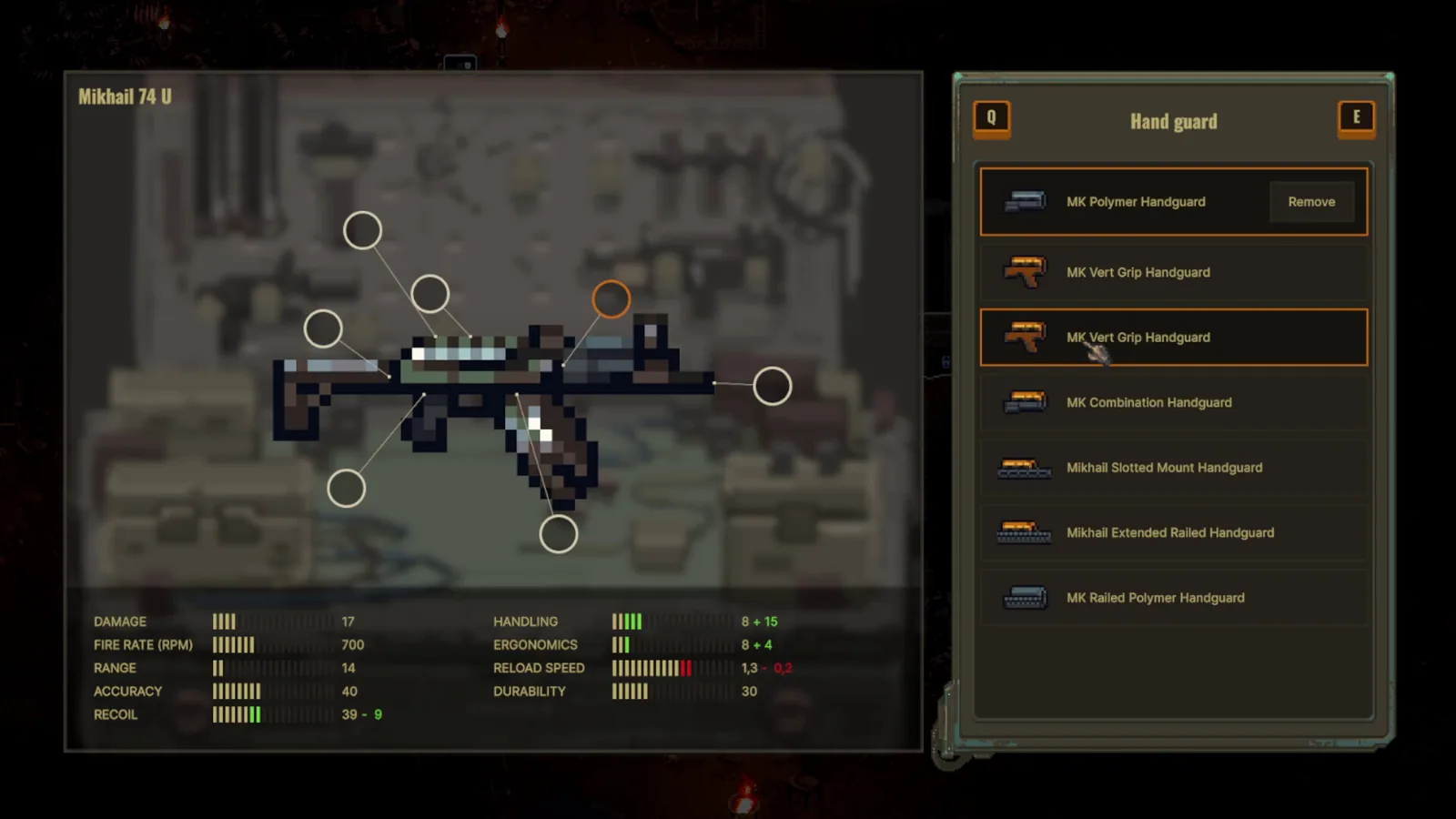 Mikhail 74 U weapon screen showing attachment points handguards and stats